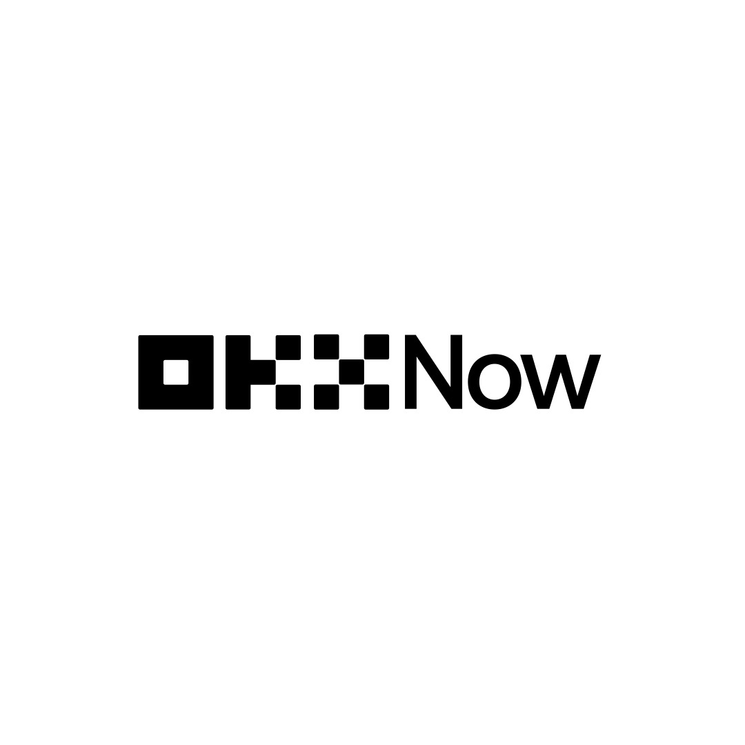 The image displays the "OKX Now" logo in bold black text on a white background, with stylized geometric block lettering. It accompanies an announcement teasing the convergence of onchain finance, markets, payments, and AI infrastructure at an upcoming event in Singapore on 6 October.