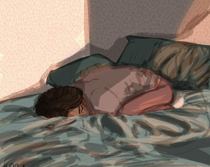 A painted illustration of a person with brown hair sleeping face-down on a bed with rumpled teal and brown striped bedding and a dusty pink top.