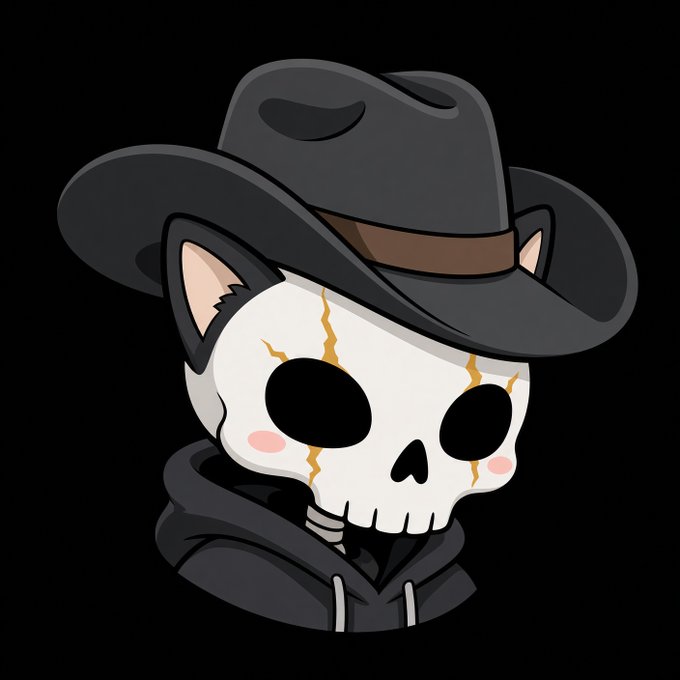 A cartoon illustration of a skull with cat ears, gold cracks on its forehead, and a heart-shaped nose, wearing a black cowboy hat and a black hoodie.