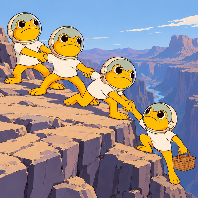 An animated illustration of four yellow frogs wearing white astronaut helmets, with three on a cliff edge helping a fourth carrying a picnic basket up from below, set against a canyon landscape.