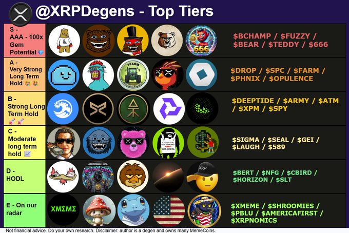 The image displays an "@XRPDegens - Top Tiers" ranking chart featuring meme coins categorized into S, A, B, C, D, and E tiers, with $BCHAMP and $FUZZY leading the S Tier "Gem Potential" category, $DROP and $SPC in A Tier, and various other XRP tokens like $SIGMA, $BERT, and $XMEME listed below. The chart visually represents the tier system mentioned in the accompanying post, which highlights upgrades to $BCHAMP and $SPY across 127 days of consistent XRP tier tracking since November 2024.