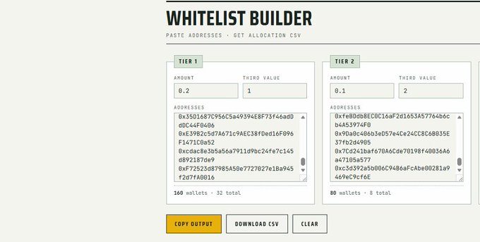 A 'Whitelist Builder' interface with two tiers showing amounts, third values, and lists of cryptocurrency wallet addresses, with a counter displaying 160 wallets (Tier 1) and 80 wallets (Tier 2).