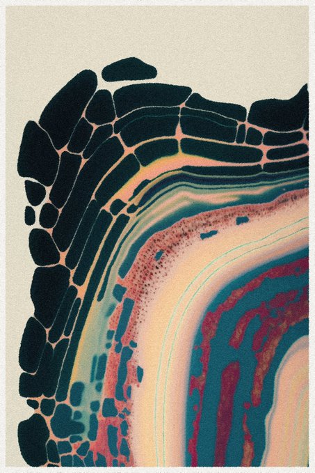An abstract image resembling a cross-section of layered geological or biological material, with black cellular patterns on the left transitioning into curving bands of cream, pink, and teal.
