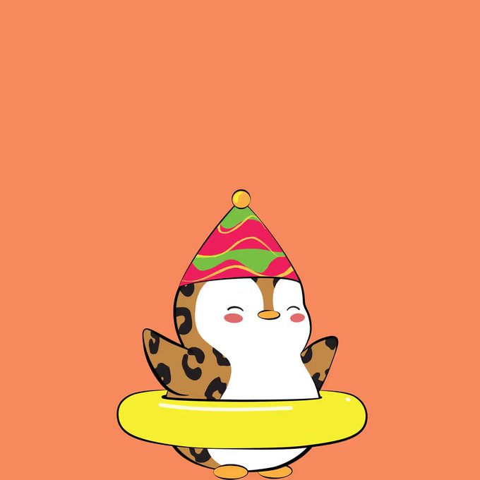 A cute cartoon penguin with leopard print markings, wearing a colorful party hat and floating in a yellow inner tube, set against a coral background. The illustration represents the user as a cheerful penguin welcoming their first Lil Pudgy NFT, matching their love for leopard print, water, and a great time.