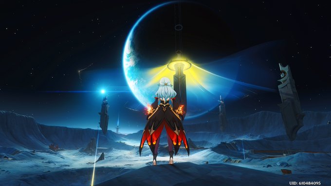 A digital artwork showing a white-haired anime character in a dark coat with red accents standing before a glowing monument on a planet, with a large ringed celestial body in the starry sky behind them.