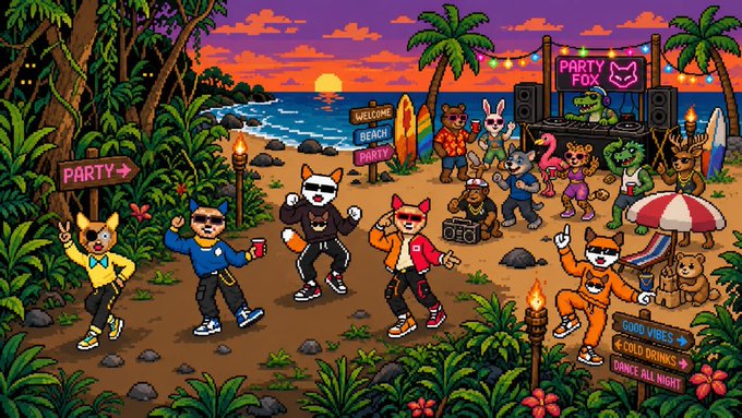 A vibrant pixel art illustration of a beach party scene at sunset titled 'PARTY FOX', featuring various anthropomorphic animal characters dancing, with signs reading 'WELCOME BEACH PARTY', 'GOOD VIBES', 'COLD DRINKS', and 'DANCE ALL NIGHT'.