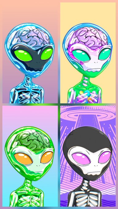 A four-panel digital illustration of cartoon-style aliens with transparent heads showing their exposed brains, featuring different color schemes: one in blue/purple, one in pink/yellow, one in green/orange, and one in black with a UFO in the background.
