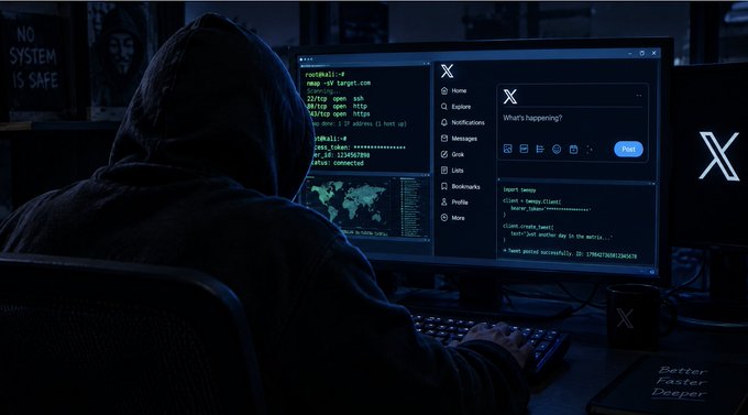 A hooded figure sits at a computer in a dark room, with the screen displaying code on the left and an X (formerly Twitter) 'What's happening?' compose window on the right.