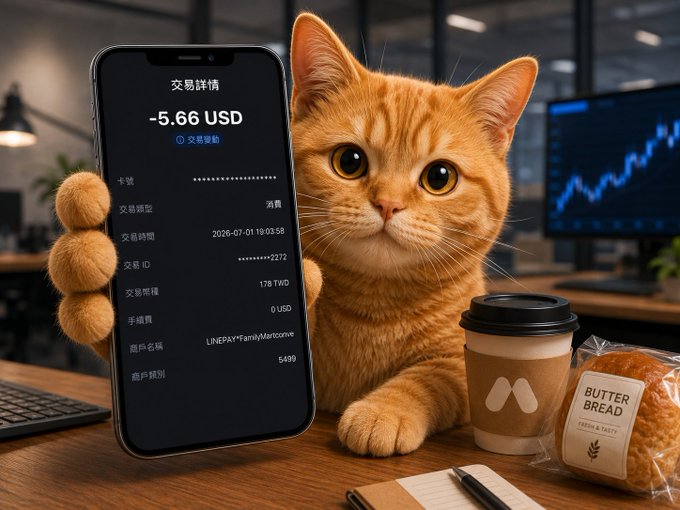 An orange tabby cat holds a smartphone showing a transaction details screen (-5.66 USD payment via LINE Pay FamilyMart, dated 2026-07-01), sitting next to a coffee cup and butter bread package with a stock chart monitor in the background.