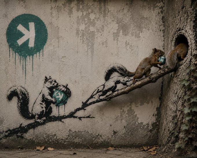 The image features a mural of two squirrels, one holding an acorn while standing on top of a tree branch and another squirrel sitting on its tail. The mural is located on a wall with graffiti art, including a green circle with white text that reads "Kaspa From design to real world". This post seems to be discussing the artwork or the concept behind it, possibly related to the artist's intention in creating this piece of street art.