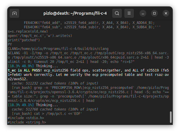 A terminal window displaying a clang compile command that emits an `.s` assembly file, showing the output of two cached tests (`ec_nistz256` passing at 18.3%/18.3%) and an `ecp_nistz256` test verifying precomputed tables, with the proud "t_ec is ALL PASS!" message relating to the post about successfully porting OpenSSL's x86_64 assembly to SaRCAsm.