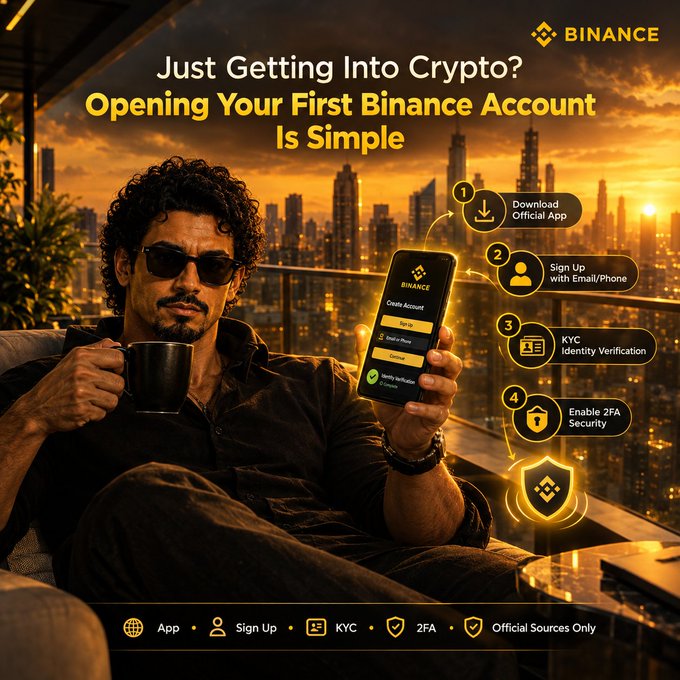 A Binance promotional graphic titled 'Just Getting Into Crypto? Opening Your First Binance Account Is Simple' shows a man holding a phone displaying the app, with a four-step guide: Download Official App, Sign Up with Email/Phone, KYC Identity Verification, and Enable 2FA Security.