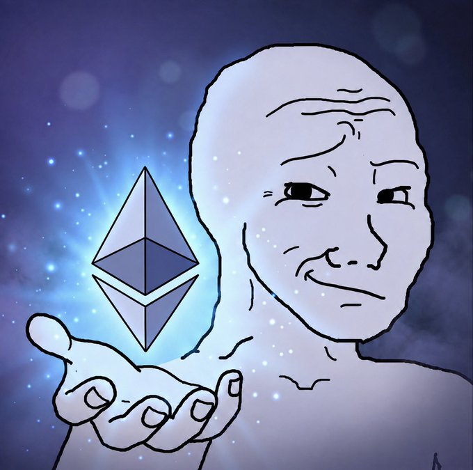 A Wojak-style illustration of a bald man holding a glowing blue Ethereum (ETH) logo in his hand against a starry, cosmic background.