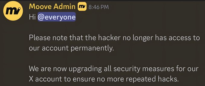 In this image, there's a screenshot of an email from moovexz, a tech company. The subject line reads "A few hours ago @moovexyz informed the community that the hacker had gained access to our X account". Inside the email, there's a message addressed to everyone in the community that explains how the hacker has gained access to their X account and what measures they should take while the team works on resolving this issue. The email also provides an update from moovexz, indicating that the hacker is no longer in control of the X account, and the company confirms this in its latest update.