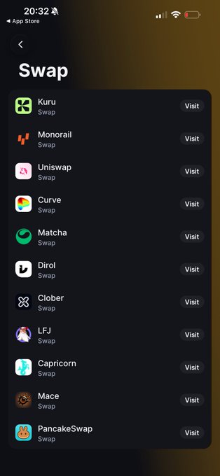 A mobile app store screenshot titled 'Swap' showing a list of cryptocurrency swap services including Kuru, Monorail, Uniswap, Curve, and Matcha, each with a 'Visit' button.