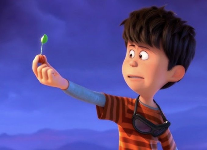 A 3D animated character resembling Hiro Hamada from Big Hero 6 with dark hair, wearing an orange striped shirt, holds up a tiny red object with a green leaf, looking at it with a concerned expression against a purple-blue sky.
