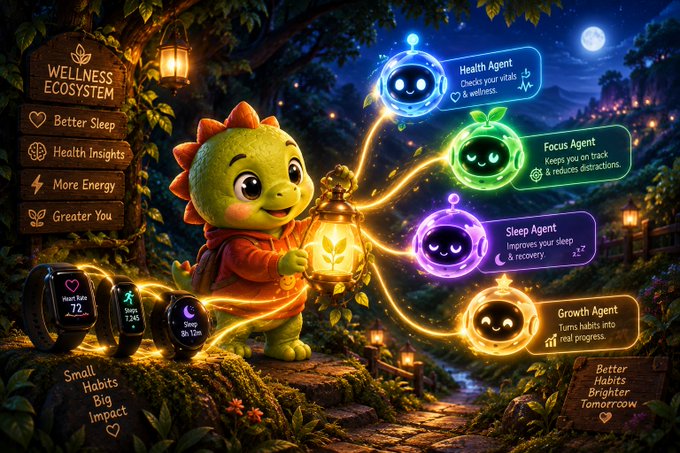 A colorful digital illustration promoting a 'WELLNESS ECOSYSTEM' with a green dragon character holding a lantern, connected to icons for Health, Focus, Sleep, and Growth Agents.