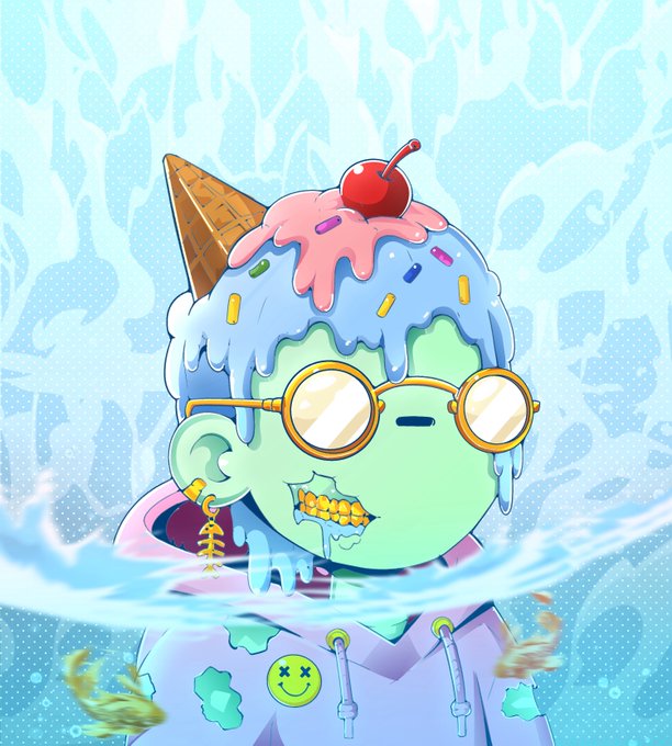 A stylized digital illustration of a green-skinned character with an ice cream cone and cherry on top of their head, dripping blue and pink ice cream, wearing round sunglasses and a hoodie with a smiley face button.