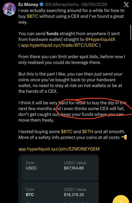 The image shows a tweet from "Ez Money" (@EzMoneyGems) explaining how to buy $BTC without using a centralized exchange by sending funds directly to HyperliquidX, with the circled text warning "I think it will be very hard for retail to buy the dip in the next few months and I even thinks some CEX will fail." The caption reinforces the post's warning about potential CEX failures and advising retail to buy the dip in the $61-59k zone to target $72k+.