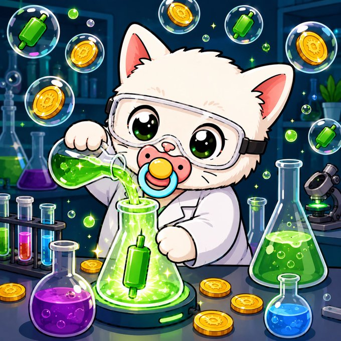 A cartoon kitten scientist in a lab coat and goggles pours a glowing green potion into a flask surrounded by bubbles containing gold coins and green candles, while purple and blue potions sit on the lab table. The image visually represents the "pump serum" metaphor from the post, suggesting that $BABYCASHCAT is about to experience a bullish rally with rising green candles and profit.