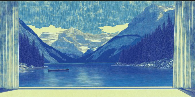 A stylized blue-toned illustration depicts a serene mountain lake with a small boat, framed by curtains as if viewed through a window.