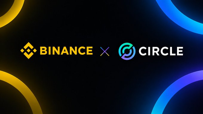 A promotional graphic featuring the Binance and Circle logos side by side with a purple X between them, set against a black background with glowing yellow and blue circular accents.