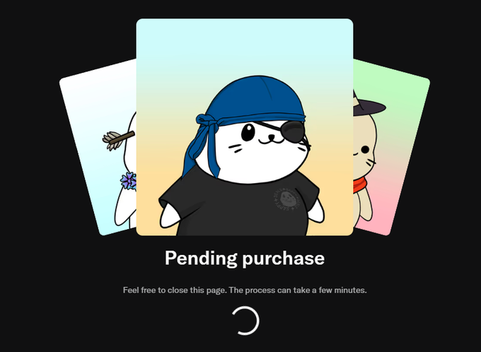 A digital loading screen showing cartoon seal-like characters with the text 'Pending purchase' and 'Feel free to close this page. The process can take a few minutes.'