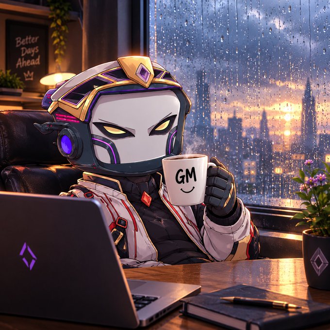 A digital illustration shows a futuristic, masked character with purple accents holding a white mug with a smiley face and the letters 'GM' while working on a laptop by a rain-streaked window.