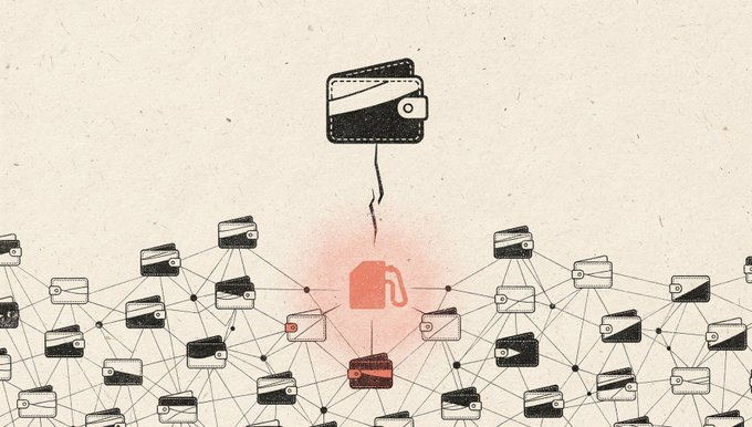 A lone wallet drops a red fuel pump icon down to a small wallet highlighted in red within a vast network of interconnected wallets, illustrating how CHIT functions as a shared fuel source for a fleet of accounts rather than individual gas. The central highlighted wallet represents the community member's query about why CHIT is needed despite gas-free swaps, with the network emphasizing the multi-account structure CHIT supports.