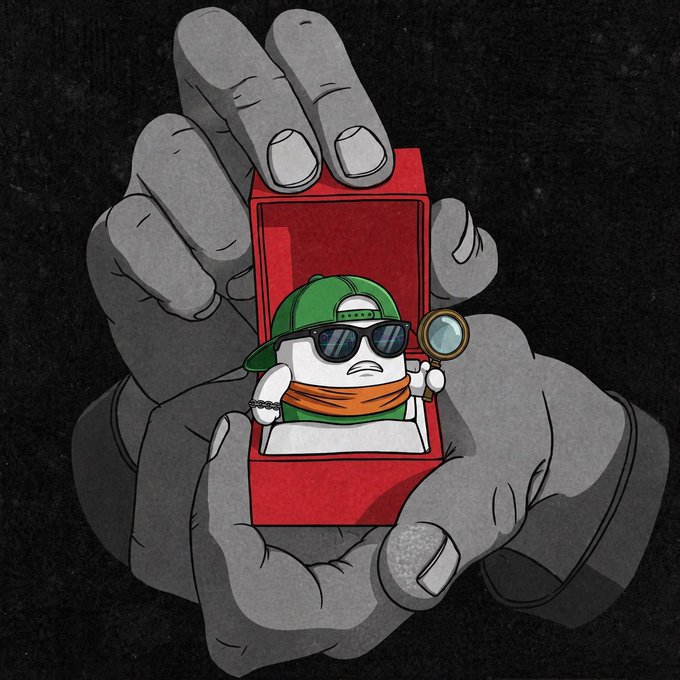 A stylized illustration shows a small figure wearing a green cap, sunglasses, and orange scarf, holding a magnifying glass while sitting inside a red box that is being held by two large gray hands against a dark background.