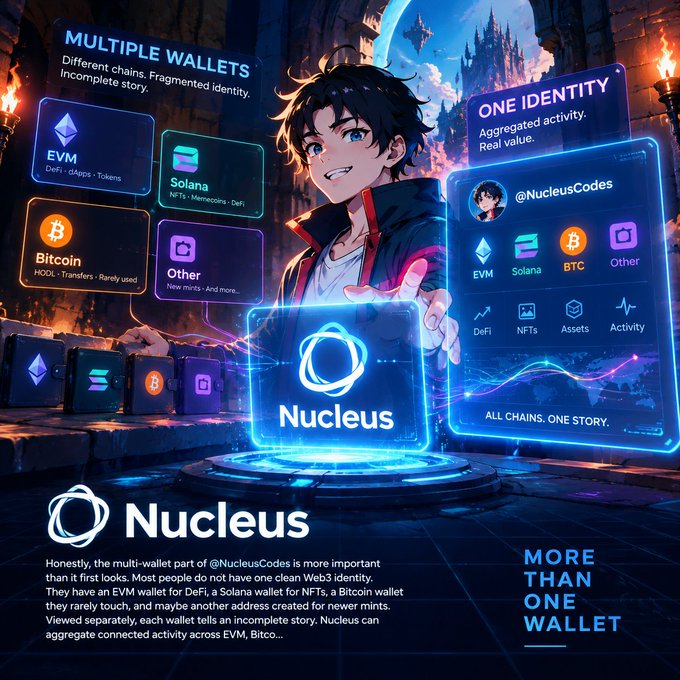 An anime-style promotional graphic for 'Nucleus' (@NucleusCodes) featuring a character presenting a glowing hologram, with sections contrasting 'MULTIPLE WALLETS' (EVM, Solana, Bitcoin, Other) versus 'ONE IDENTITY' to illustrate 'ALL CHAINS. ONE STORY.'