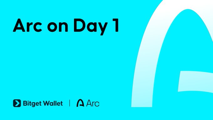 A bright cyan promotional graphic announces "Arc on Day 1" in bold black text, with a large stylized "A" logo on the right and "Bitget Wallet | Arc" branding at the bottom, visually supporting the announcement of Bitget Wallet's Day 1 support for the Arc mainnet.