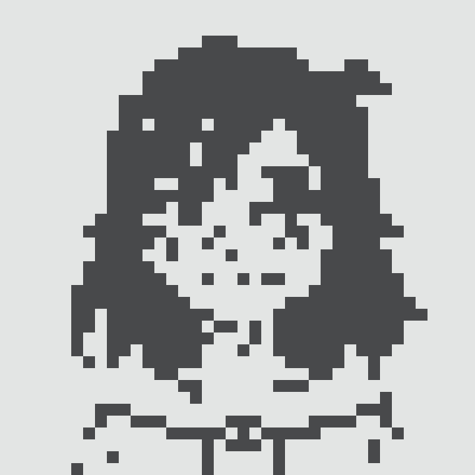 A pixelated black-and-white portrait showing a person with long hair, where the face is obscured by scattered white pixels resembling digital noise or corruption.