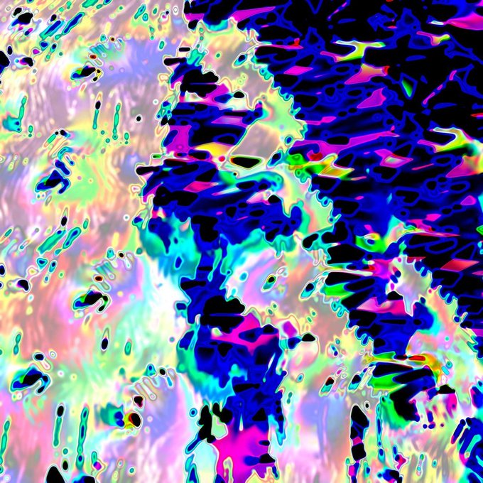 An abstract digital artwork featuring swirling, iridescent colors of pink, blue, green, and black with fluid, metallic-like distortions across the entire frame.