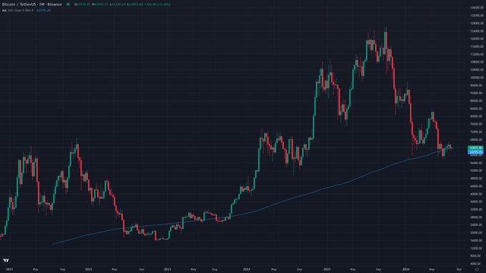 A weekly Bitcoin/USD chart (BTCUSD) showing price action from 2021 to 2026, with the current price of $63,810 hovering directly on the 200-week moving average (shown as a blue line), visually illustrating the post's point that BTC is crossing back and forth over this key long-term support level.