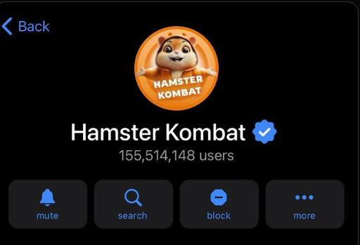 Telegram profile screen for the verified 'Hamster Kombat' channel showing its hamster logo and 155,514,148 users, with mute, search, block, and more options.