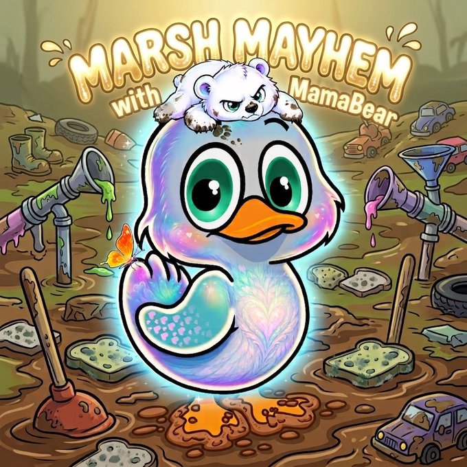 A colorful illustrated logo or poster titled 'MARSH MAYHEM with MamaBear' depicting a glowing iridescent duckling with a stern polar bear cub on its head, surrounded by a polluted swamp with trash, abandoned cars, and dripping pipes.