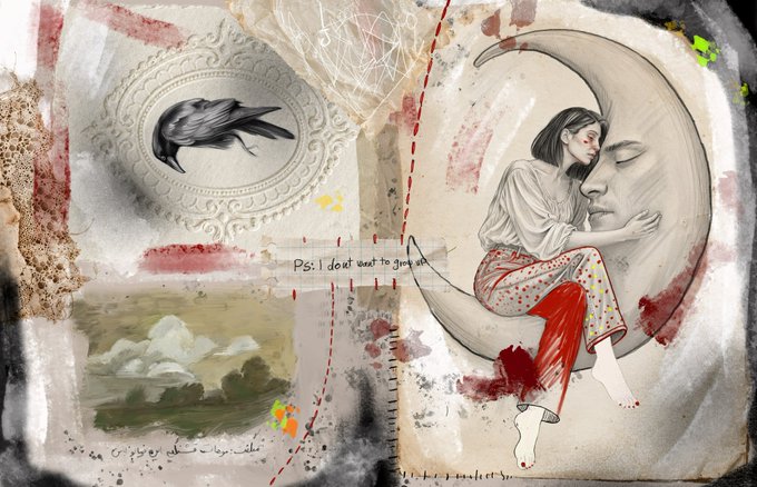 Mixed-media art journal page featuring a girl sitting on a crescent moon embracing a face, with a bird illustration in an ornate frame and a landscape painting on the left side.