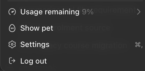 A user menu overlay showing "Usage remaining 9%", "Show pet", "Settings", and "Log out" options, with the low 9% usage remaining explaining the poster's comment about needing to switch to using "Luna" instead.