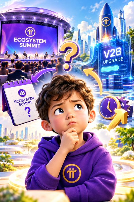 A young boy in a purple "ii" hoodie looks thoughtfully at a calendar marked "ECOSYSTEM SUMMIT ?" alongside imagery of a "V28 UPGRADE" rocket, visually representing the post's question about why the Ecosystem Summit didn't occur before the v28 upgrade process began on Stellar Core/Soroban. The scene captures the impatience and strategic reflection on the lengthy upgrade journey from Protocol v19 to v28.