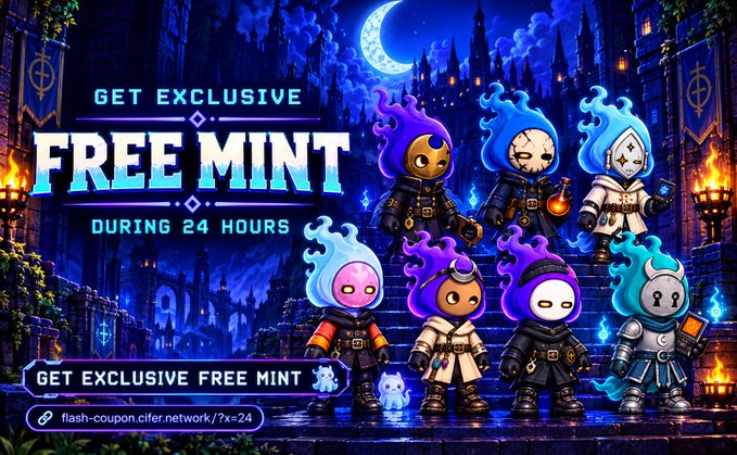 A promotional graphic for a 'FREE MINT DURING 24 HOURS' features seven flame-headed cartoon characters against a gothic castle backdrop, with the link 'flash-coupon.cifer.network/?x=24' displayed.