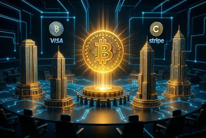 A futuristic digital artwork showing a glowing Bitcoin (₿) coin on a pedestal flanked by classical columns and logos for Visa and Stripe, symbolizing cryptocurrency's competition/relationship with traditional finance.