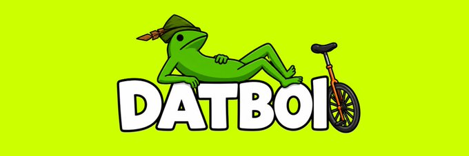 A cartoon green frog wearing a hat and sunglasses lounges casually next to a unicycle above the bold white text "DATBOI," all set against a bright yellow-green background—capturing the iconic meme character referenced in the $DATBOI token banner on Moby.