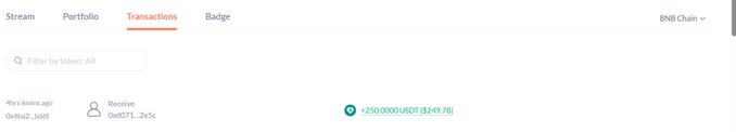 A screenshot of a Binance transactions history page showing a 'Receive' entry of '+250.0000 USDT ($249.78)' on BNB Chain.