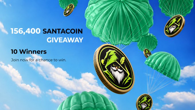 A promotional graphic for a "156,400 SANTACOIN GIVEAWAY" with 10 winners, featuring 3D-rendered green parachutes dropping gold coins with a gnome logo against a blue sky background.