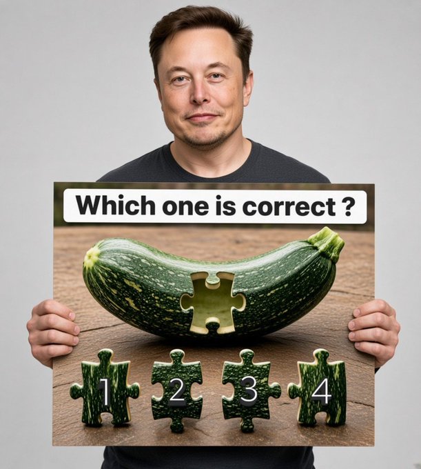 Elon Musk holding a sign asking 'Which one is correct?' featuring a zucchini puzzle with four interlocking pieces numbered 1-4.