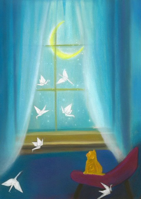 A pastel-colored artwork showing an orange cat sitting on a red chair, looking out a window at a crescent moon and white origami birds against a teal background.