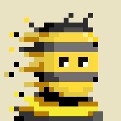 Pixel art depicting a yellow and gray figure with an exploding or disintegrating effect on a cream background.