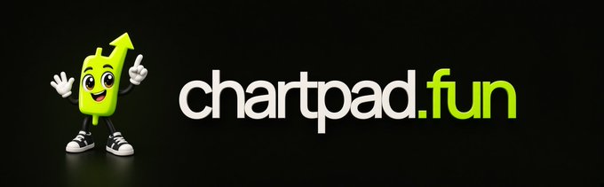 A logo for 'chartpad.fun' featuring a green cartoon character with an upward arrow on its head, pointing and wearing sneakers.