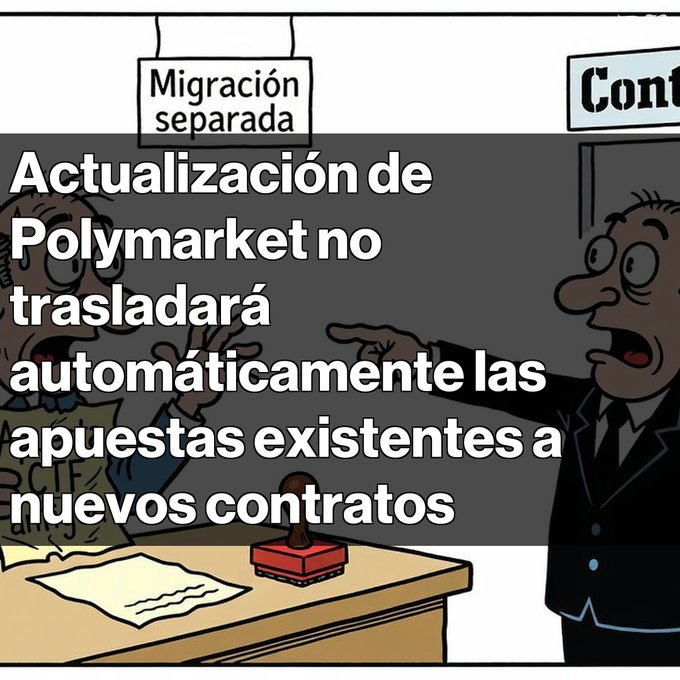 An illustrated graphic contains the Spanish text: 'Actualización de Polymarket no trasladará automáticamente las apuestas existentes a nuevos contratos'.